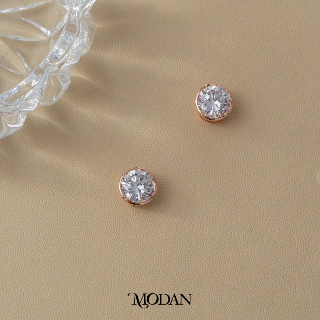 (9mm) Sparkling Moissanite Bezel Stud Earrings Anting Tusuk Bulat Kecil Hypoallergenic Gold Plated