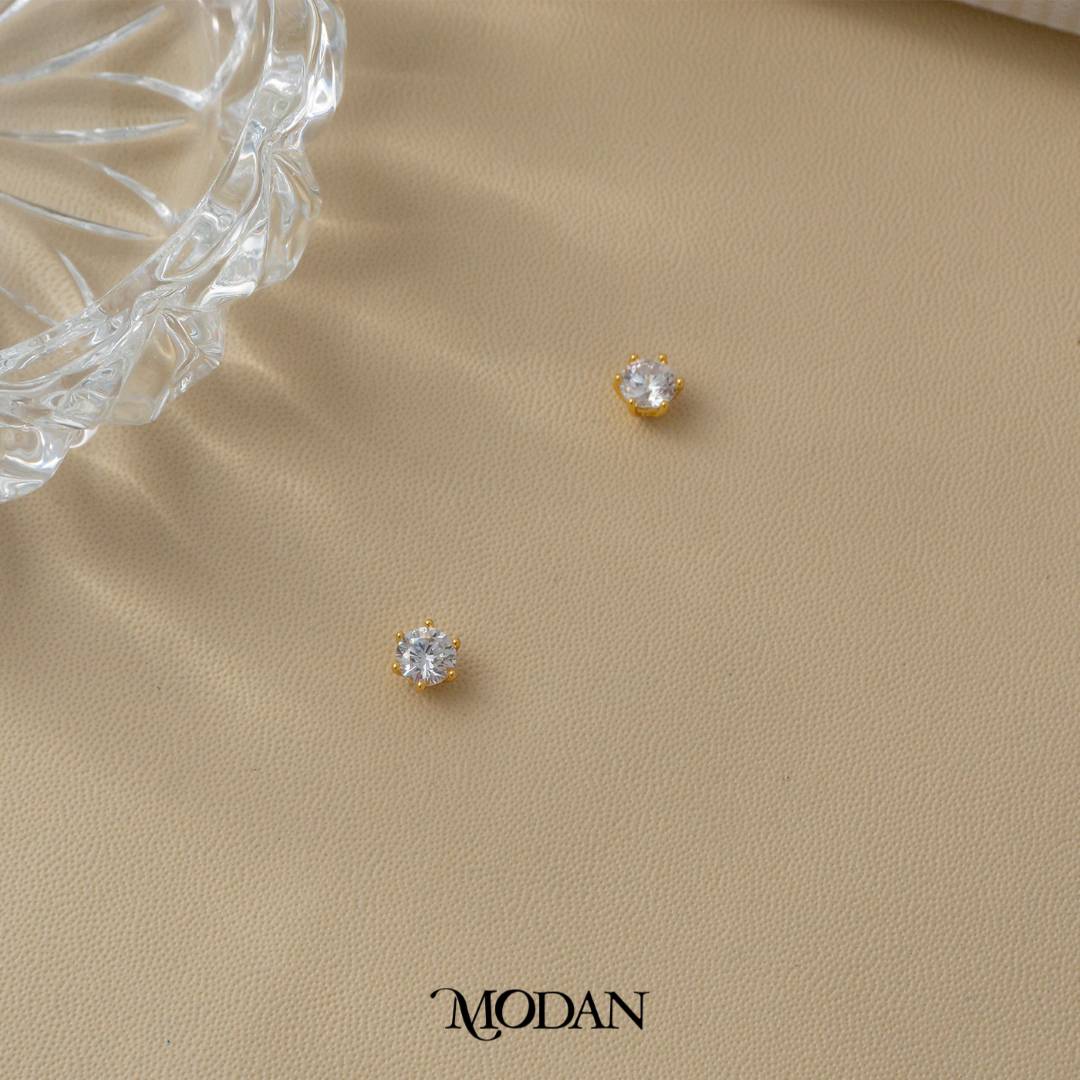 (6mm) Sparkling Solitaire Mini Stud Earrings Anting Tusuk Bulat Mata Satu Hypoallergenic Gold Plated