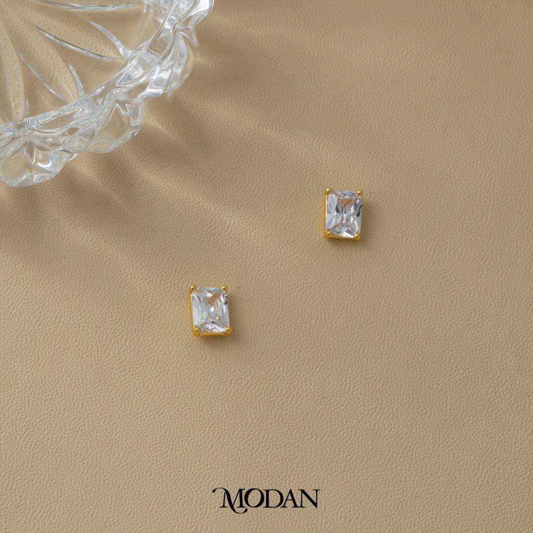Wedding Baguette Rectangular Stud Earrings Anting Tusuk Persegi Panjang Hypoallergenic Gold Plated
