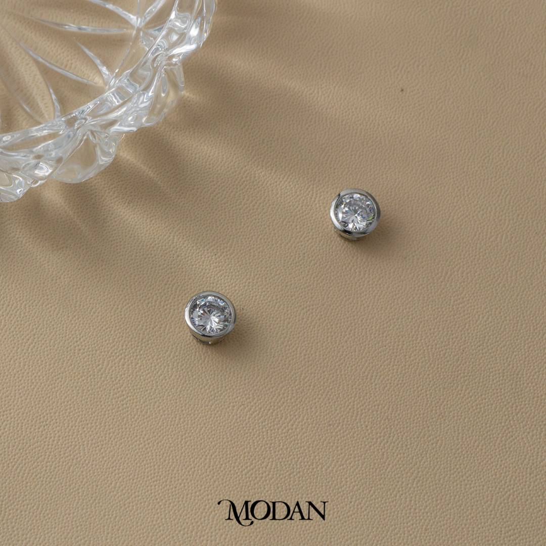 (7mm) Sparkling Moissanite Bezel Stud Earrings Anting Tusuk Bulat Kecil Hypoallergenic Gold Plated
