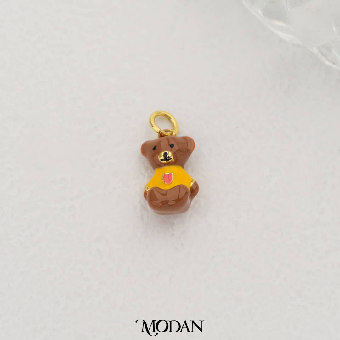 White & Brown Sitting Teddy Bear with Heart Shirt Enamel DIY Pendant Liontin Beruang Duduk Hypoallergenic Gold Filled