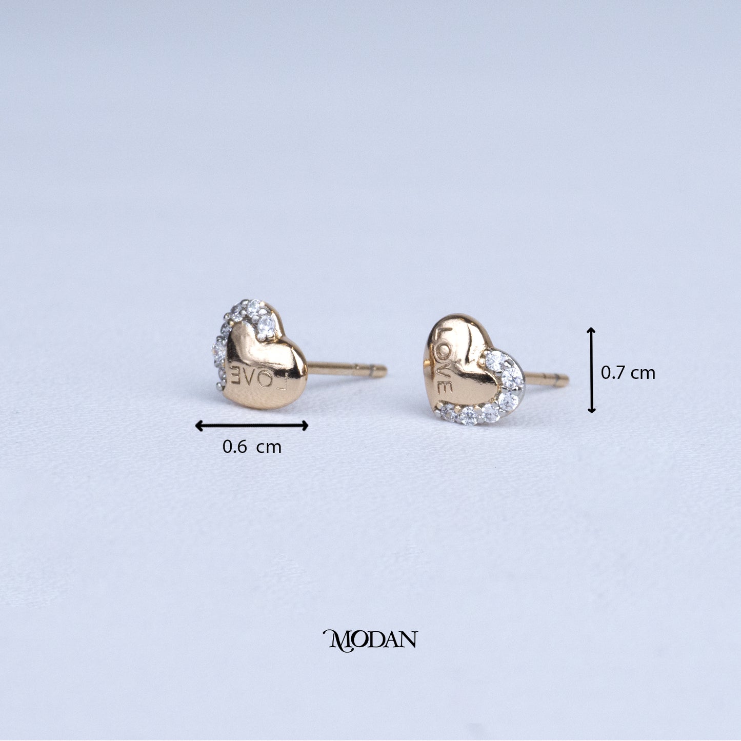 (7mm) Mini Micro Paved Zirconia Half Plain Heart Stud Earrings Anting Tusuk Hati Hypoallergenic Gold Plated