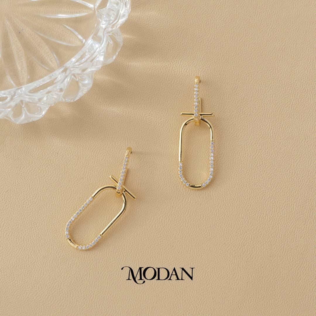 Micro Paved Zirconia Geometric Paperclip Link Drop Stud Earrings Anting Tusuk Gantung Hypoallergenic Gold Plated