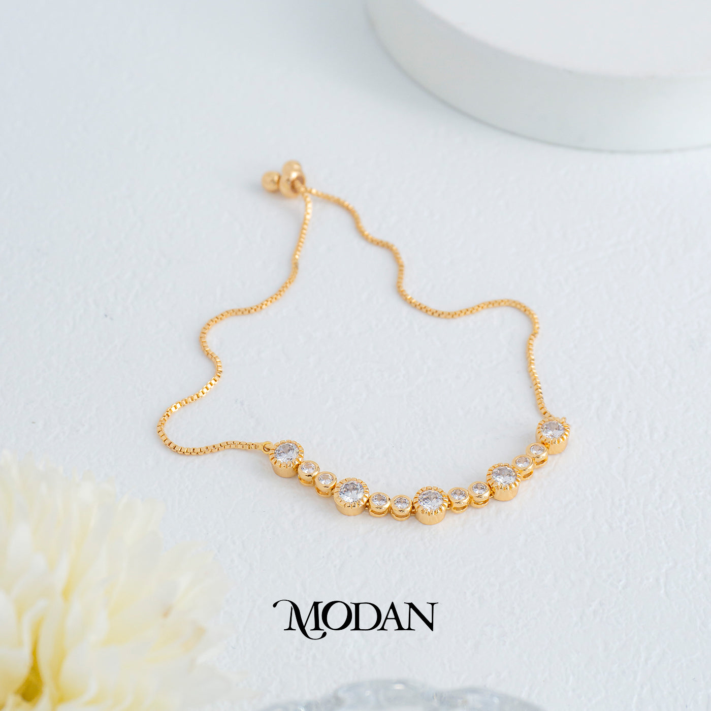 Mini Round Ribbed Zirconia Adjustable Bracelet Gelang Serut Hypoallergenic Gold Plated