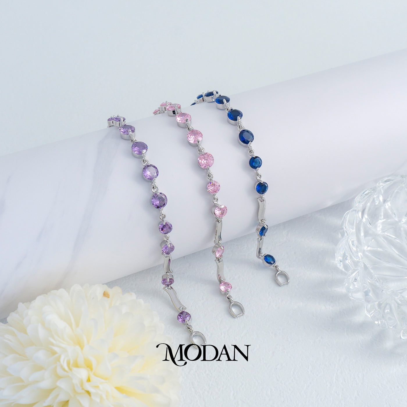 (18cm) Cocktail Blue Pink Purple Silver Link Bracelet Gelang Pesta Biru Ungu Merah Muda Hypoallergenic Gold Plated