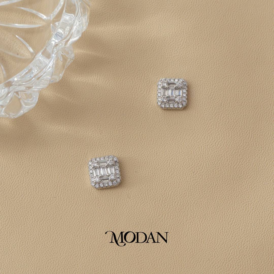 (9mm) Sparkling Micro Pave Baguette Square Stud Earrings Anting Tusuk Persegi Hypoallergenic Gold Plated