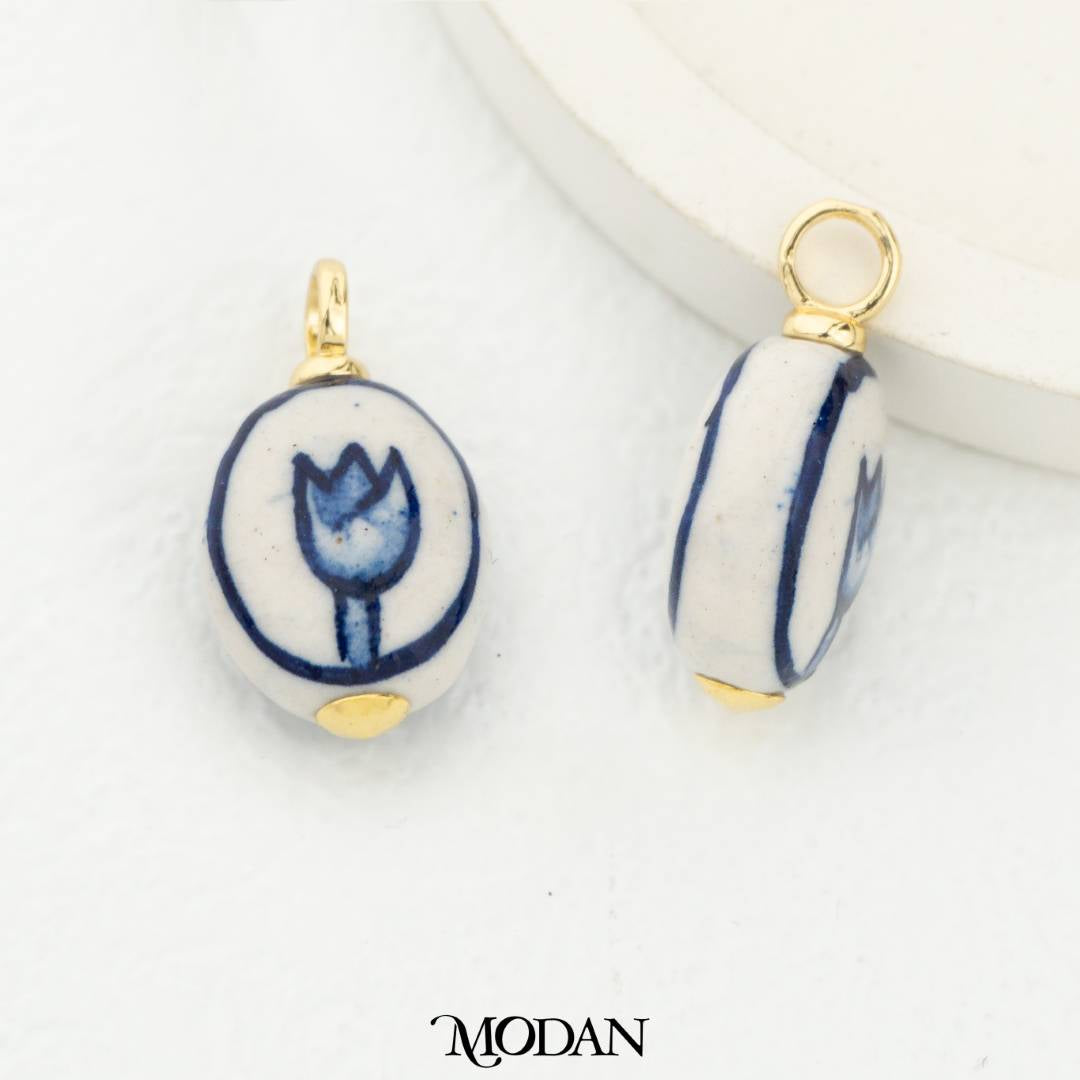 Blue Vintage Chinese Style Round Tulip Flower Gucci DIY Pendant Liontin Gucci Hypoallergenic Gold Filled