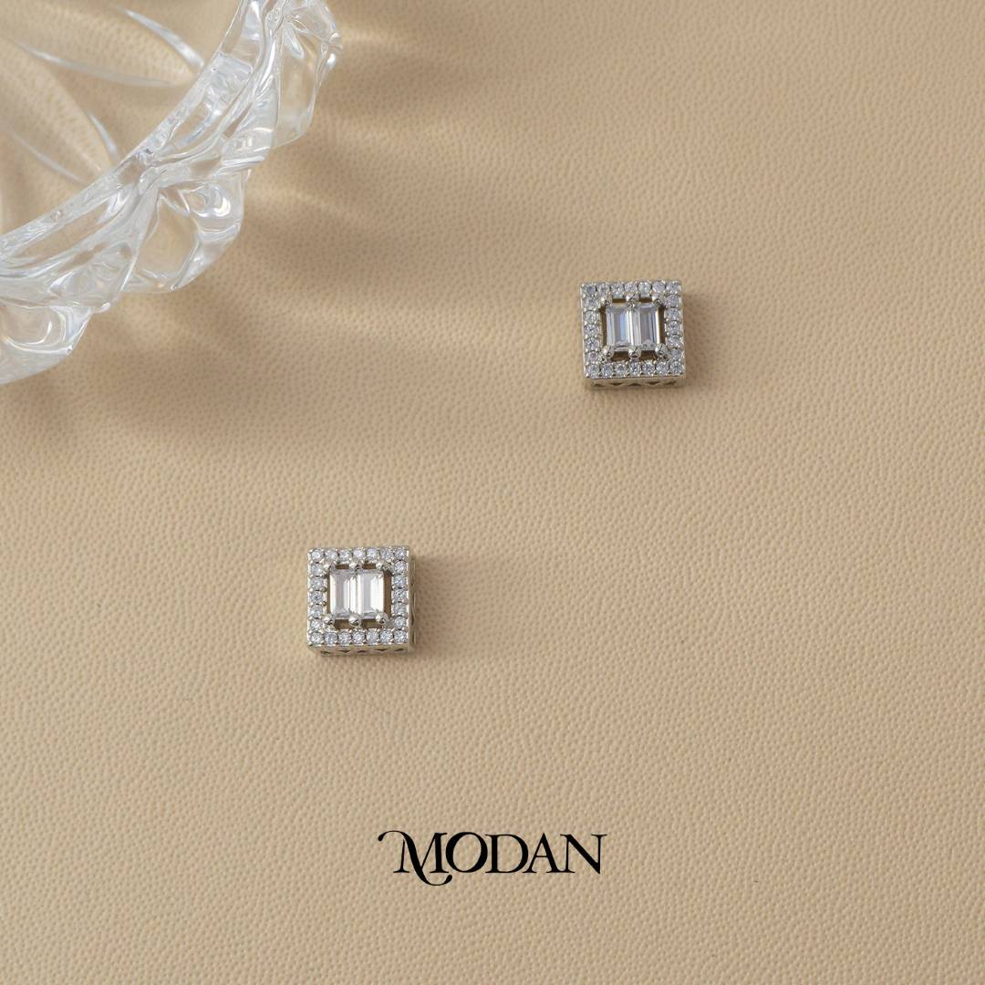 (9mm) Sparkling Double Line Baguette Stud Earrings Anting Tusuk Pesta Hypoallergenic Gold Plated