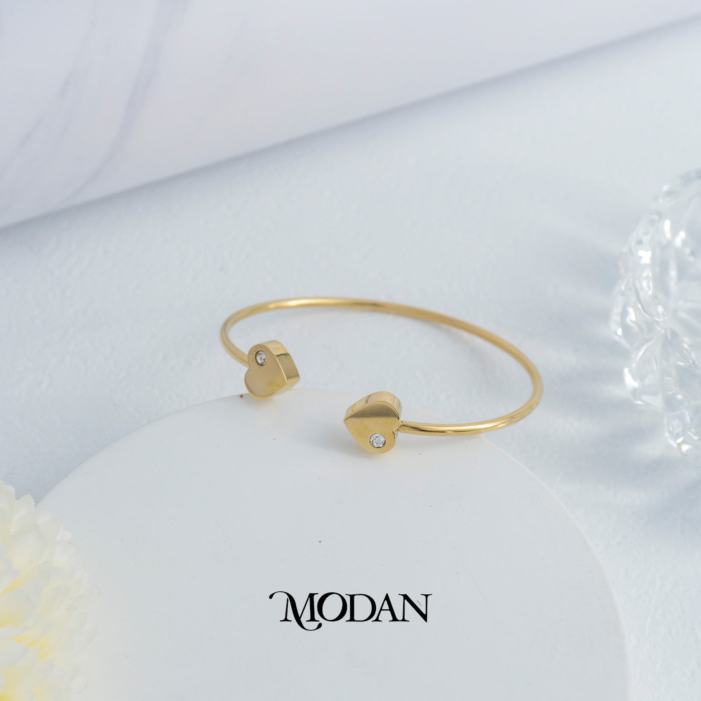 (5.6cm) Titanium Double Love Heart Simple Minimalist Golden Open Cuff Bracelet Gelang Kaku Hypoallergenic Stainless Steel
