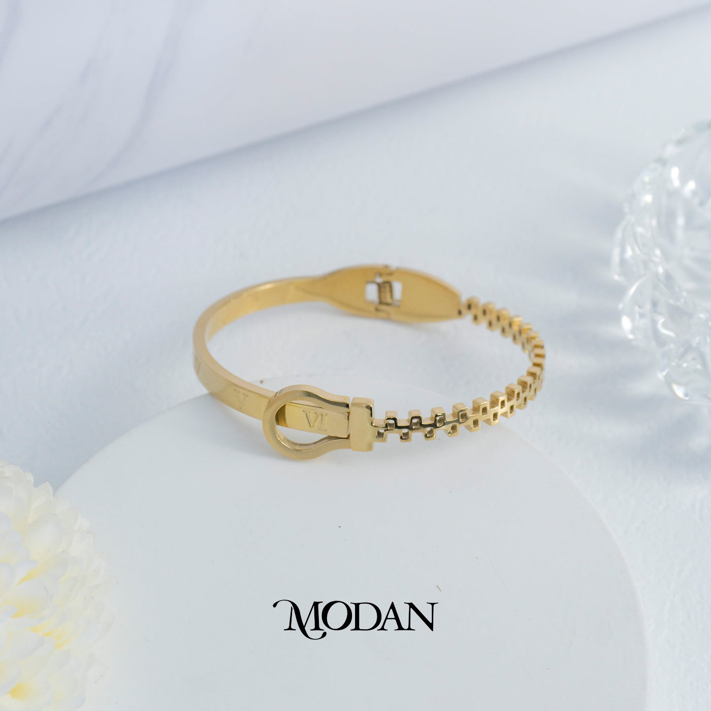 (5.8cm) Titanium Roman Numerals Simple Minimalist Golden Bangle Bracelet Gelang Kaku Hypoallergenic Stainless Steel
