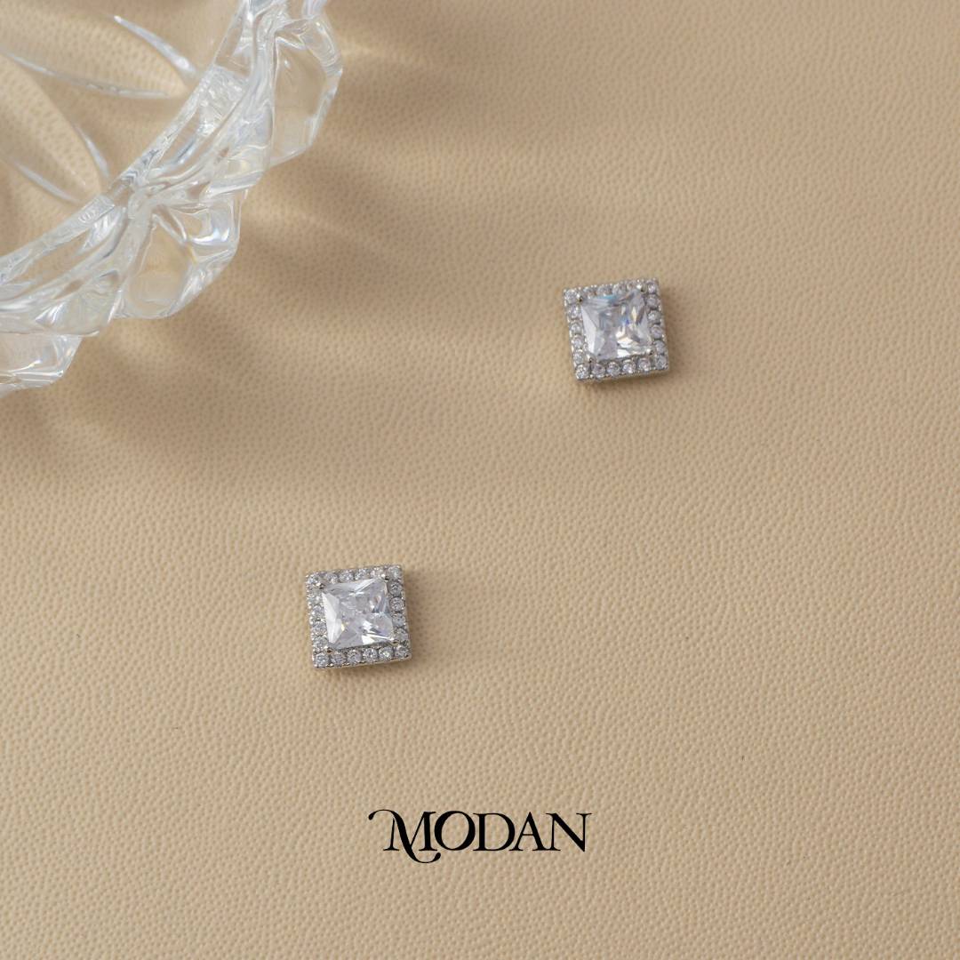 (8mm) Sparkling Zirconia Square Stud Earrings Anting Tusuk Persegi Hypoallergenic Gold Plated
