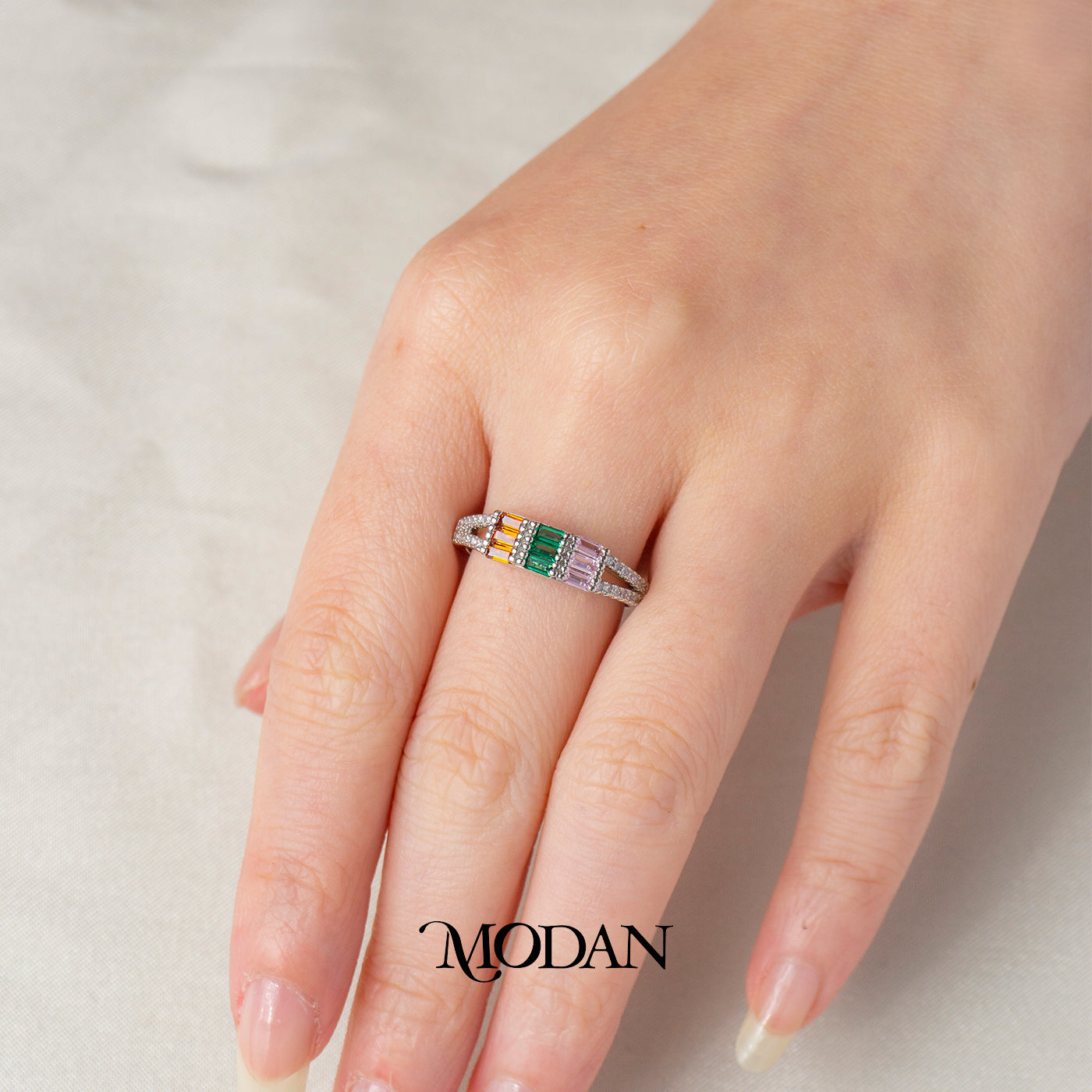 Geometric Rainbow Baguette Band Adjustable Ring Cincin Warna-Warni Klasik Hypoallergenic Gold Plated
