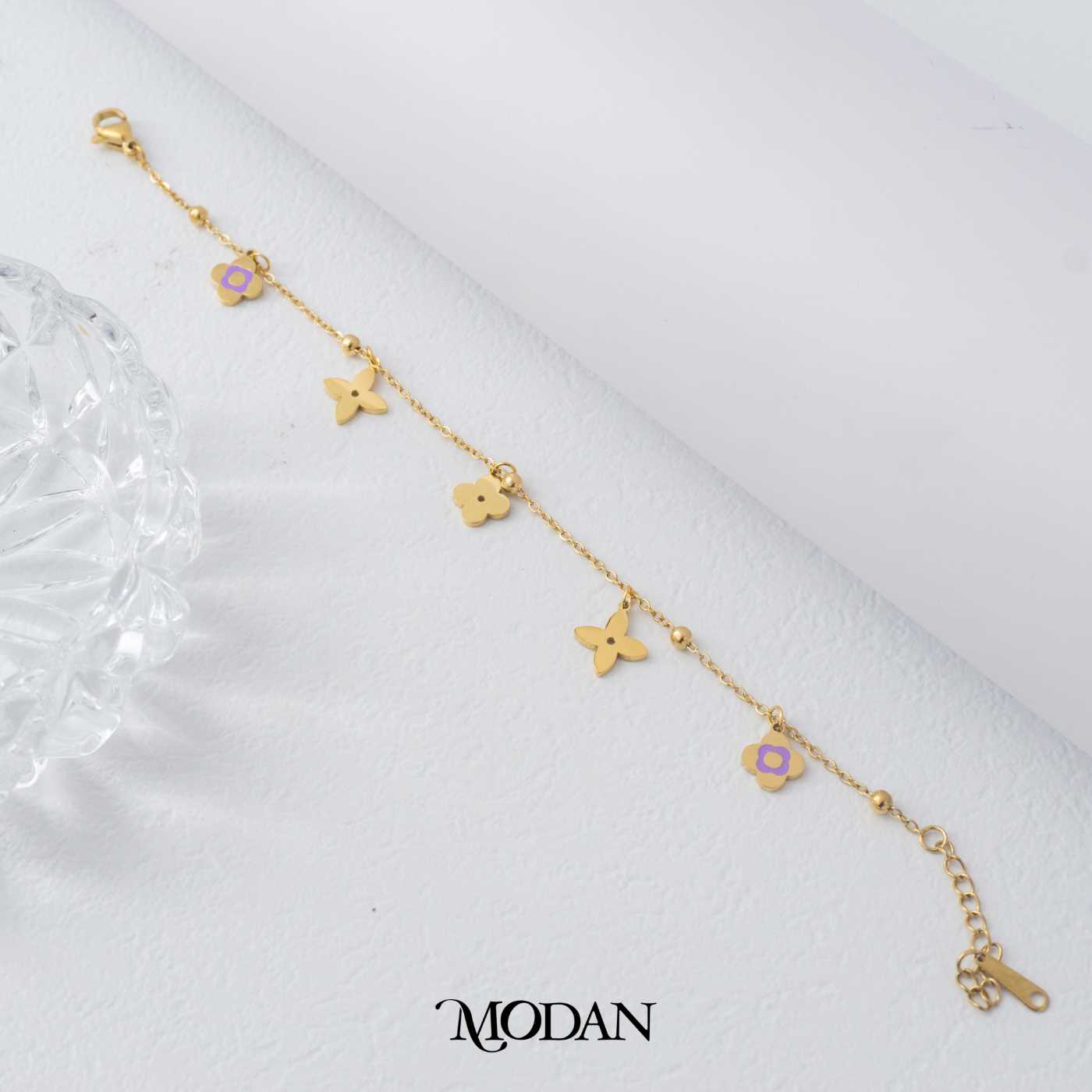 (16cm) Titanium Golden Mini Clover Enamel Bracelet Gelang Daun Semanggi Hypoallergenic Stainless Steel