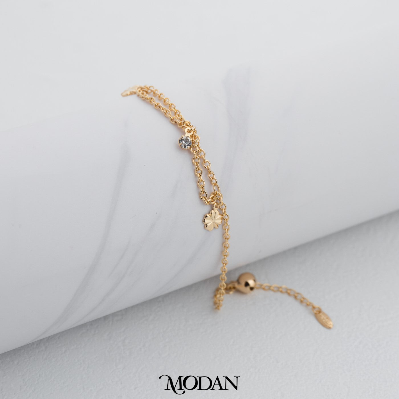 (16.5cm) Dainty Solitaire Zirconia Fashionable Clover Bracelet Gelang Daun Semanggi Hypoallergenic Gold Plated