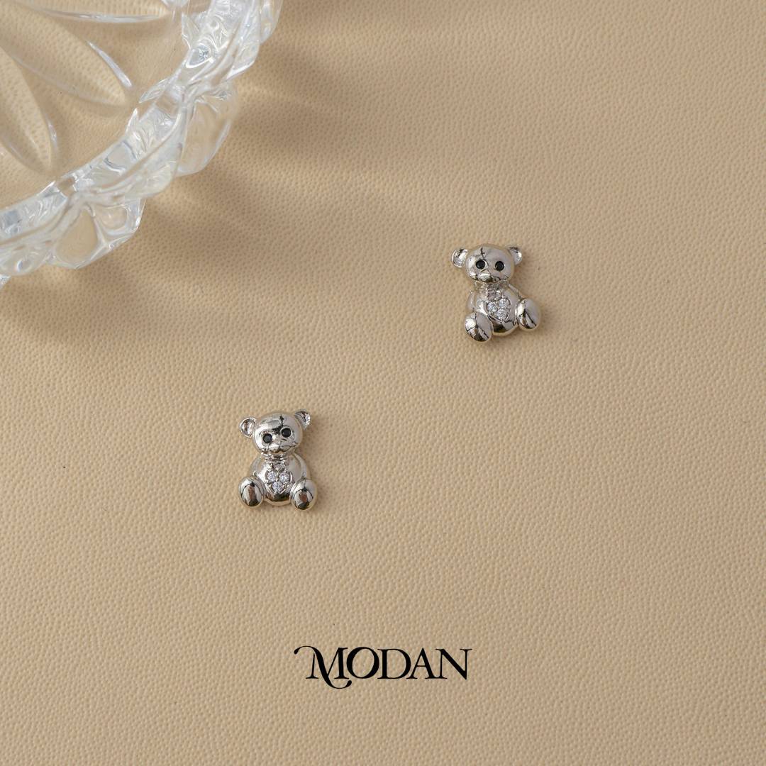 (11mm) Cute Teddy Bear Zirconia Stud Earrings Anting Tusuk Beruang Hypoallergenic Gold Plated
