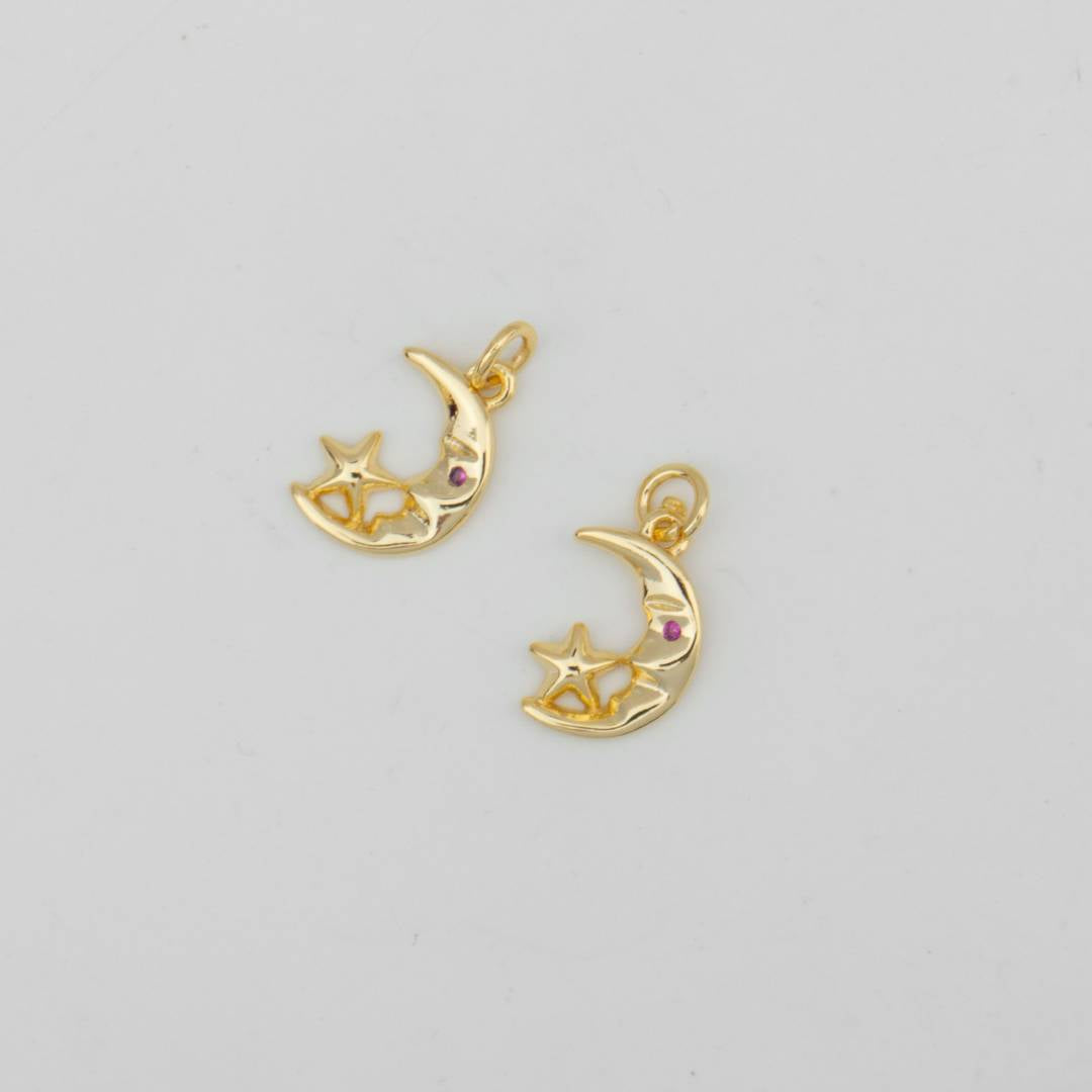 Celestial Star and Fuchsia-Eyed Moon DIY Charm Liontin Bulan Bintang Hypoallergenic Gold Filled