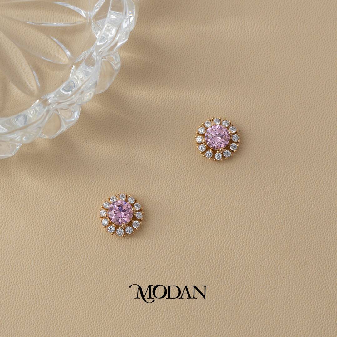 (11mm) Clear, Pink, Yellow Micro Pave Round Flower Stud Earrings Anting Tusuk Bunga Hypoallergenic Gold Plated