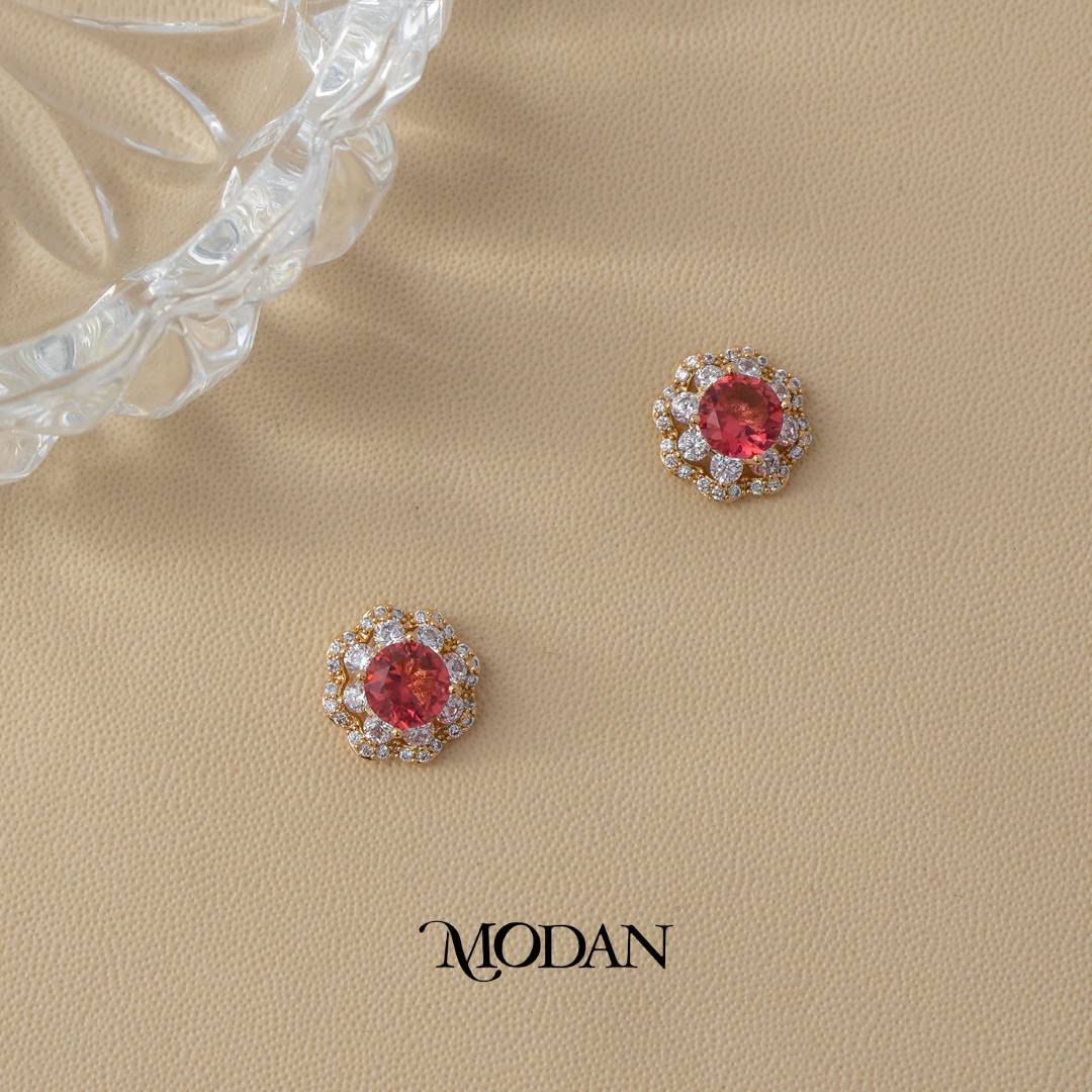 (11mm) Clear, Red Micro Pave Blooming Flower Stud Earrings Anting Tusuk Bunga Hypoallergenic Gold Plated