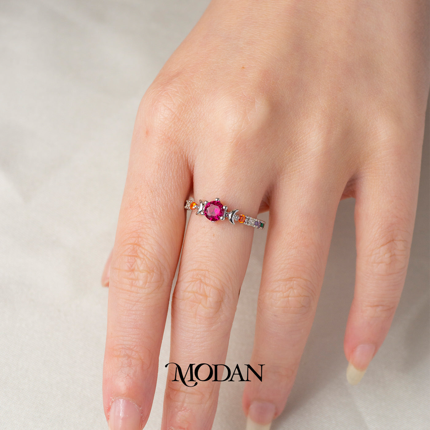 Celestial Witchy Rainbow Crystal Ring Cincin Pelangi Bentuk Bulan Sabit Hypoallergenic Gold Plated