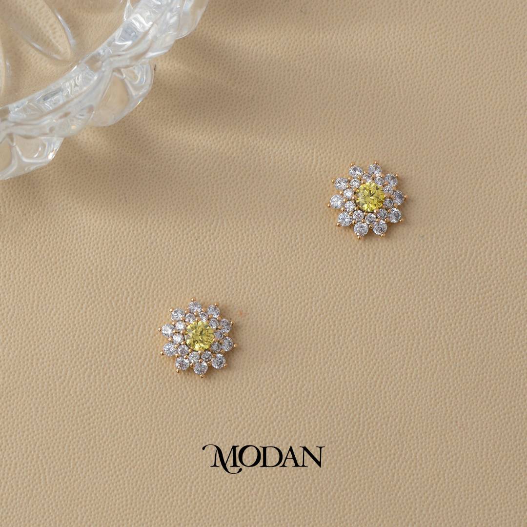 (11mm) Colorful Sparkling Micro Paved Zirconia Blooming Flower Stud Earrings Anting Tusuk Bunga Hypoallergenic Gold Plated