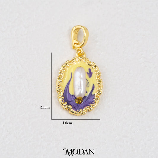 Artistic Enamel Freshwater Pearl Oval Pendant DIY Pendant Liontin Enamel Yellow Purple Oval Mutiara Air Tawar Hypoallergenic Gold Filled