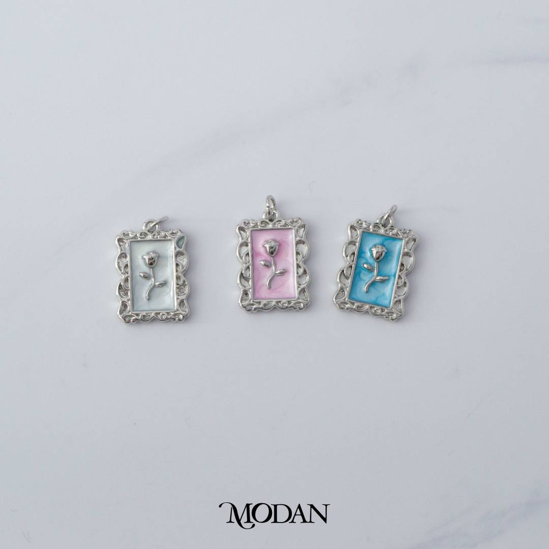 Blue Pink White Rectangular Flower Rose Enamel Charm DIY Charm Liontin Bunga Mawar Hypoallergenic Gold Filled