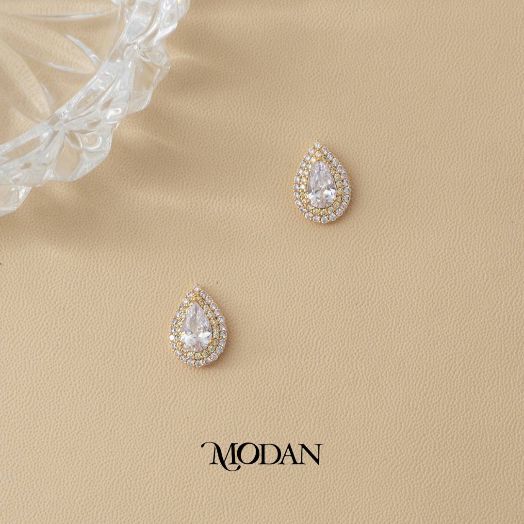(14mm) Micro Paved Zirconia Teardrop Stud Earrings Anting Tusuk Tetes Air Mata Hypoallergenic Gold Plated