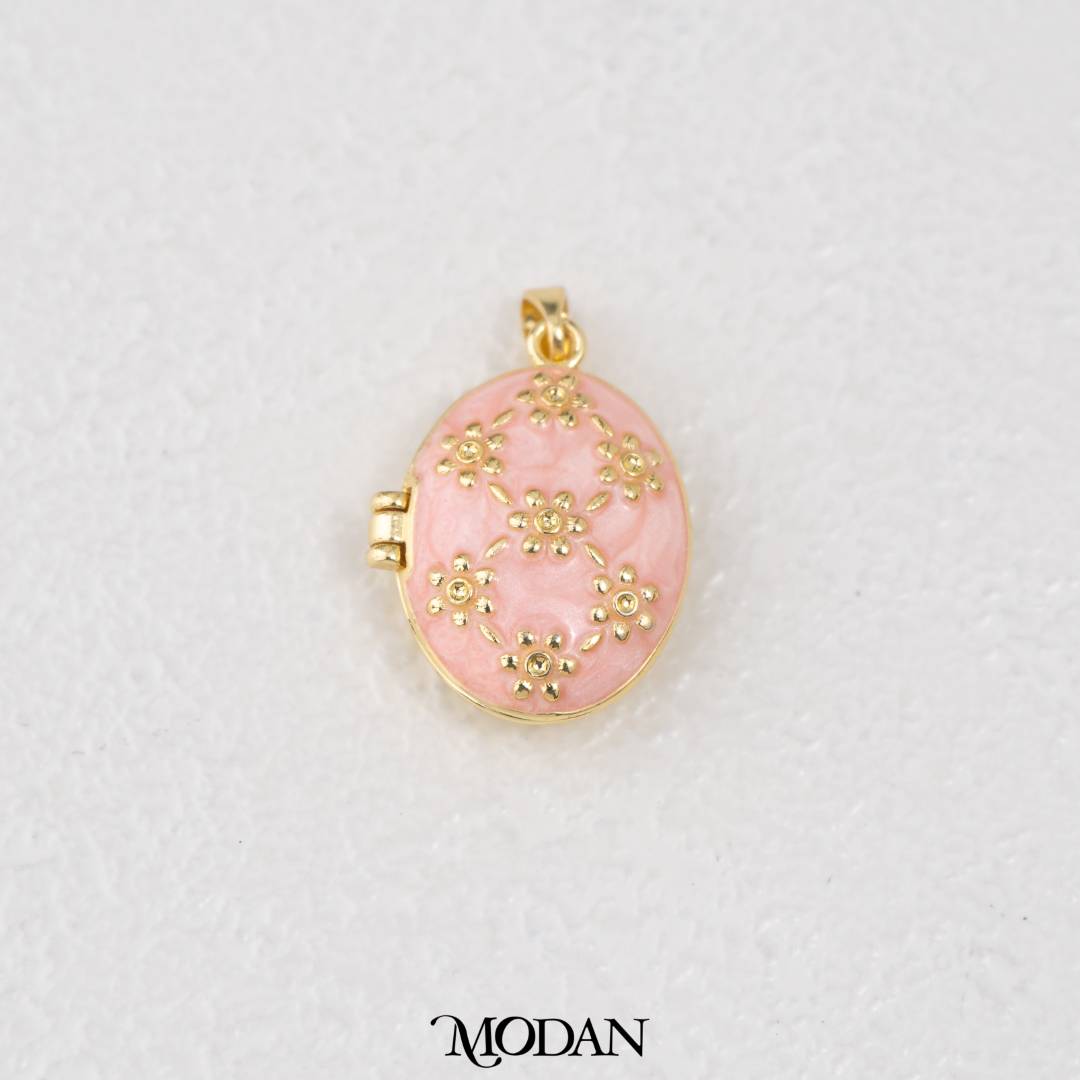 Oval Floral Style Photo Locket Enamel Pink Yellow White DIY Pendant Liontin Foto Bunga Oval Enamel Hypoallergenic Gold Filled