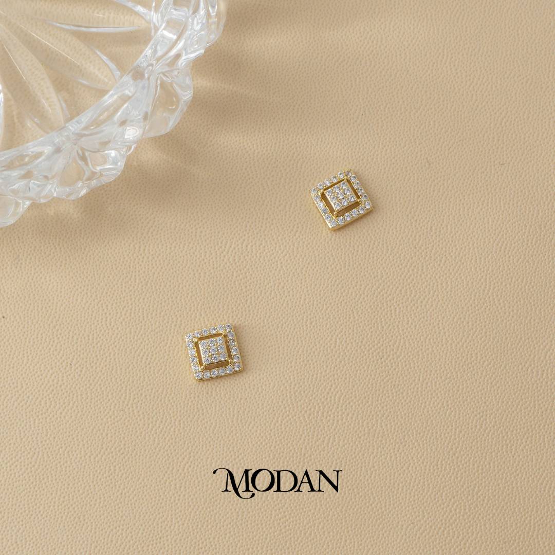 (8mm) Sparkling Zirconia Square Stud Earrings Anting Tusuk Persegi Hypoallergenic Gold Plated