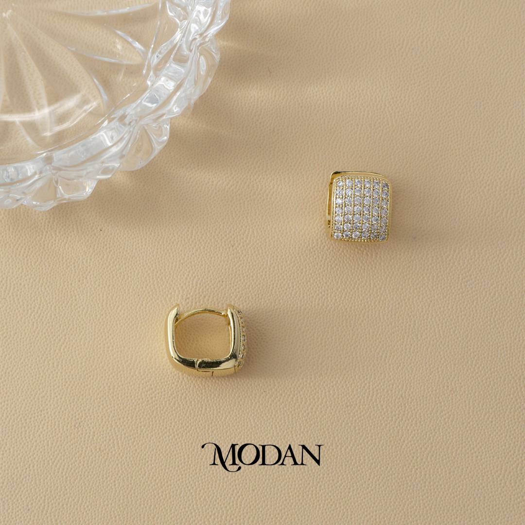 (12mm) Sparkling Chunky Rectangular Bar Hoop Earrings Anting Persegi Panjang Hypoallergenic Gold Plated