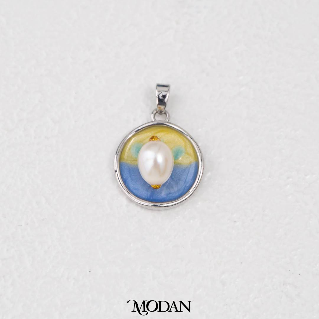 Round Yellow Blue Enamel Pearl DIY Pendant Liontin Bulat Enamel Kuning Biru Mutiara Hypoallergenic Gold Filled