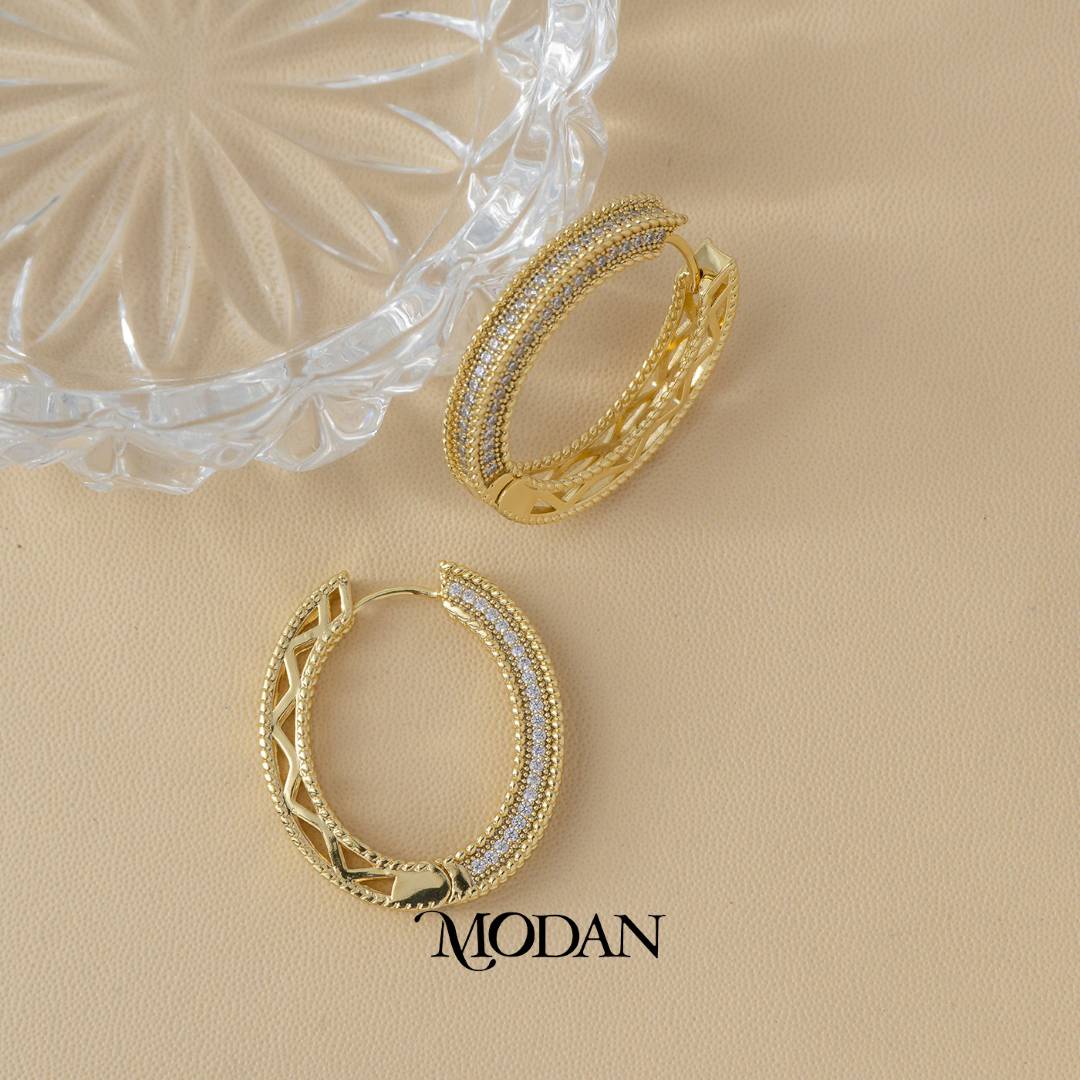 (30mm) Oval Micro Pave Chunky Large Hoop Earrings Anting Oval Hypoallergenic Gold Filled