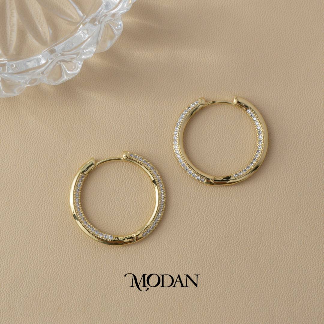(27mm) Round Micro Pave Hoop Earrings Anting Bulat Hypoallergenic Gold Plated