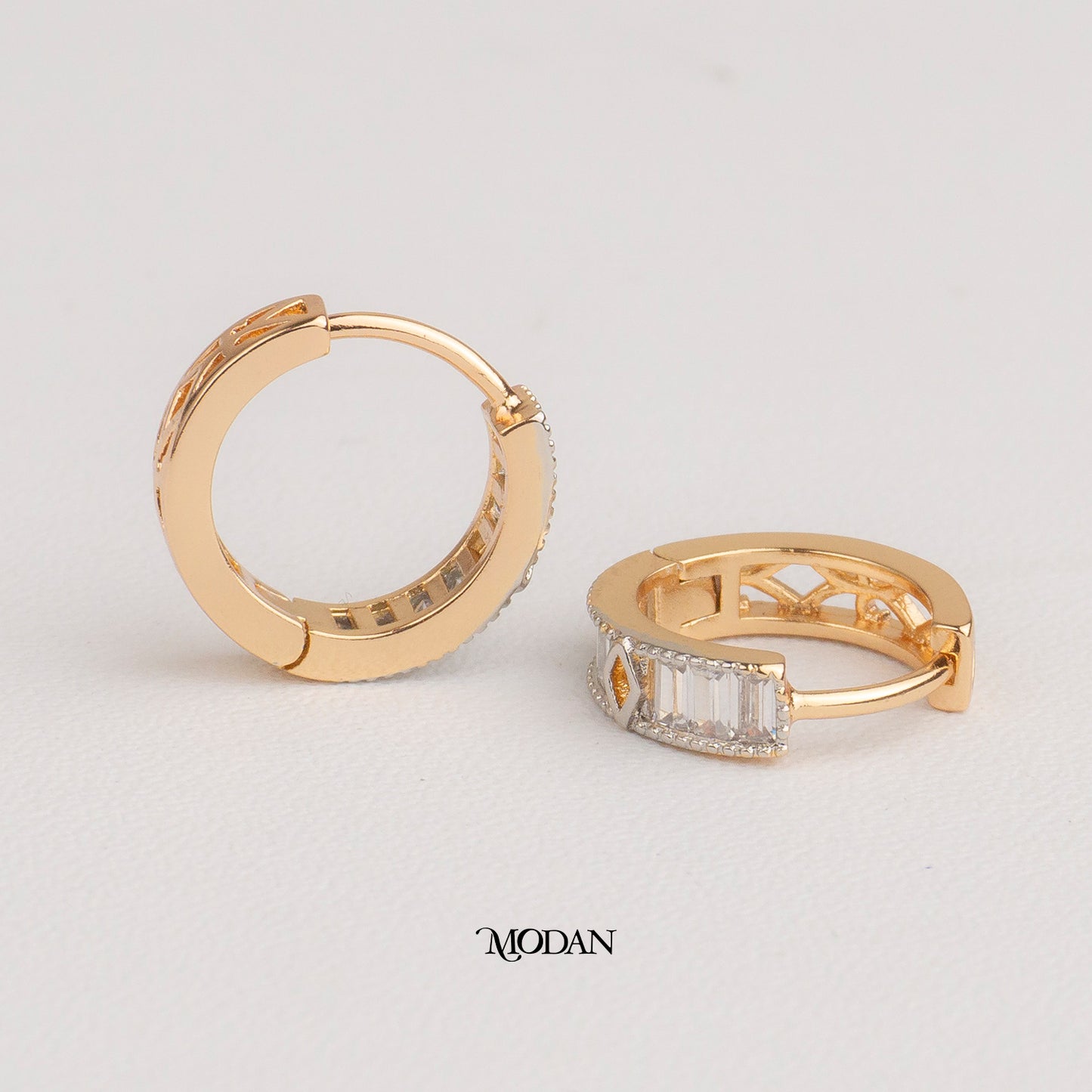 (14mm) Rosegold Baguette Bar Zirconia Mini Hoop Earrings Anting Bulat Hypoallergenic Gold Plated