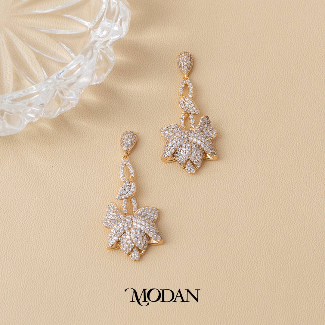 (39mm) Rosegold Micro Pave Zirconia Lotus Flower Drop Earrings Anting Bunga Hypoallergenic Gold Plated