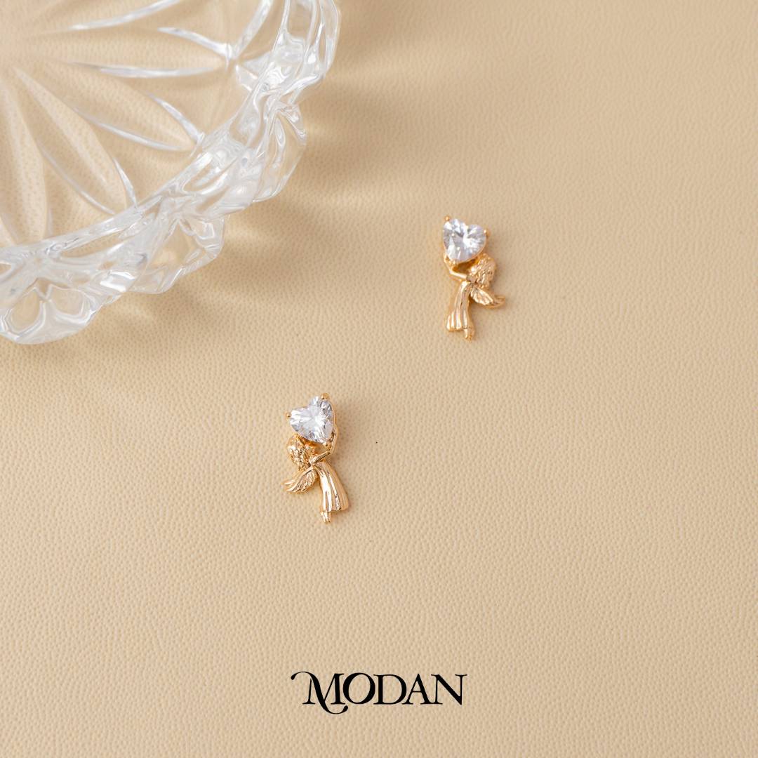 (10mm) Sparkling Heart Guardian Angel Stud Earrings Anting Tusuk Bulat Malaikat Hypoallergenic Gold Plated