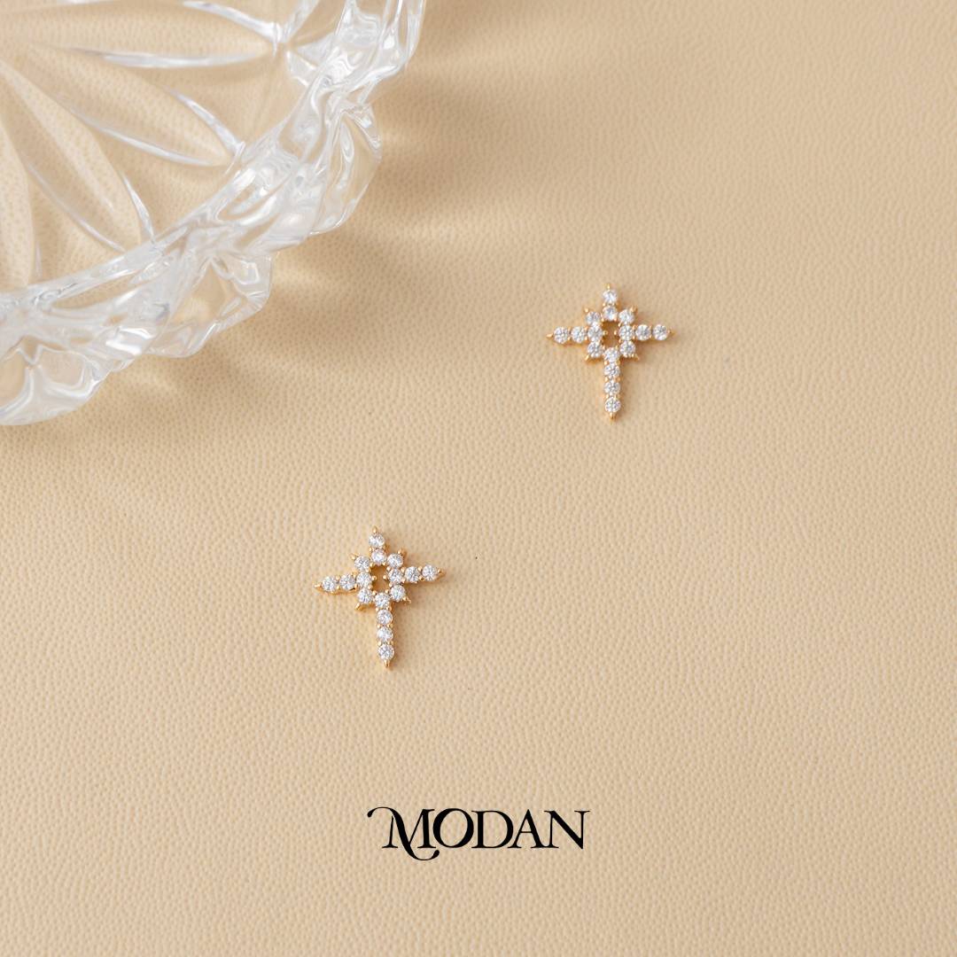 (12mm) Sparkling Rosegold Zirconia Starburst Religious Cross Stud Earrings Anting Tusuk Salib Hypoallergenic Gold Plated