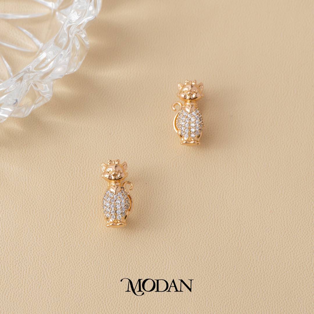 (17mm) Sparkling Kitty Cat English Lock Hoop Earrings Anting Kucing Hypoallergenic Gold Plated