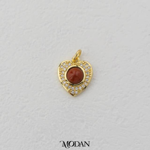 Red and Turquoise Vintage Love Natural Gemstones Charm DIY Charm Liontin Hati Cinta Hijau Merah Hypoallergenic Gold Filled