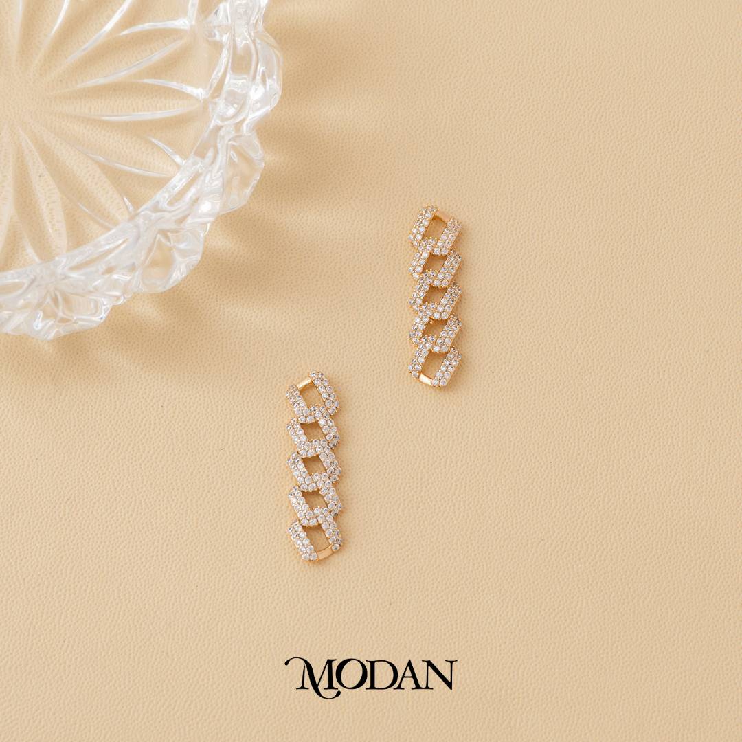 (29mm) Rosegold Micro Pave Zirconia Link Chain Drop Earrings Anting Gantung Pesta Hypoallergenic Gold Plated
