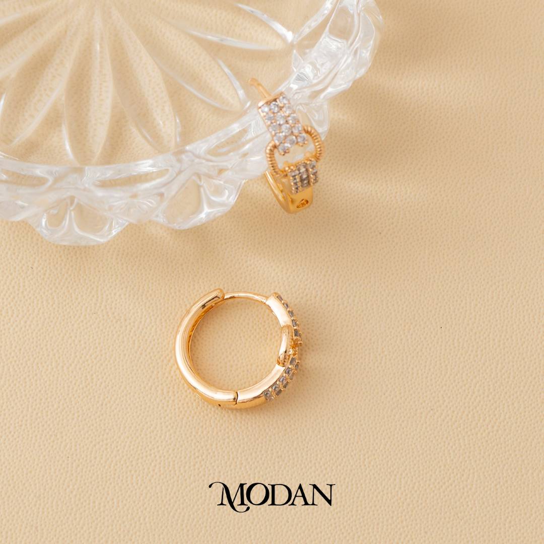 (17mm) Micro Pave Geometric Belt Hoop Earrings Anting Bulat Hypoallergenic Gold Plated