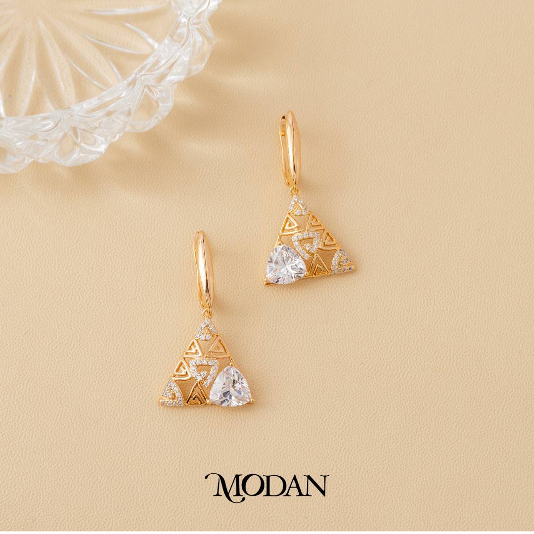 (33mm) Rosegold Micro Pave Artistic Teriangle Drop Earrings Anting Gantung Segitiga Hypoallergenic Gold Plated