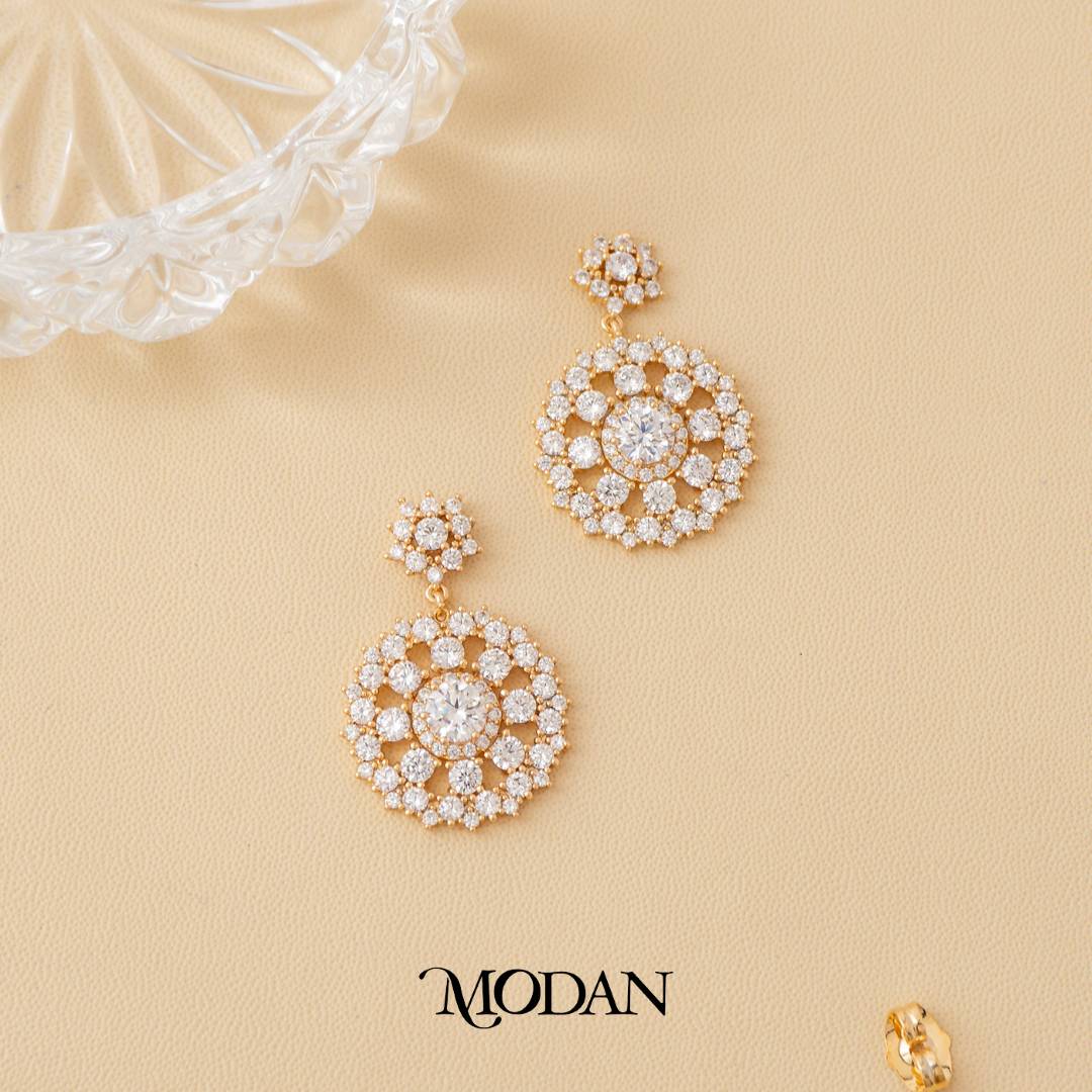 (32mm) Rosegold Micro Pave Flower Round Drop Earrings Anting Gantung Hypoallergenic Gold Plated