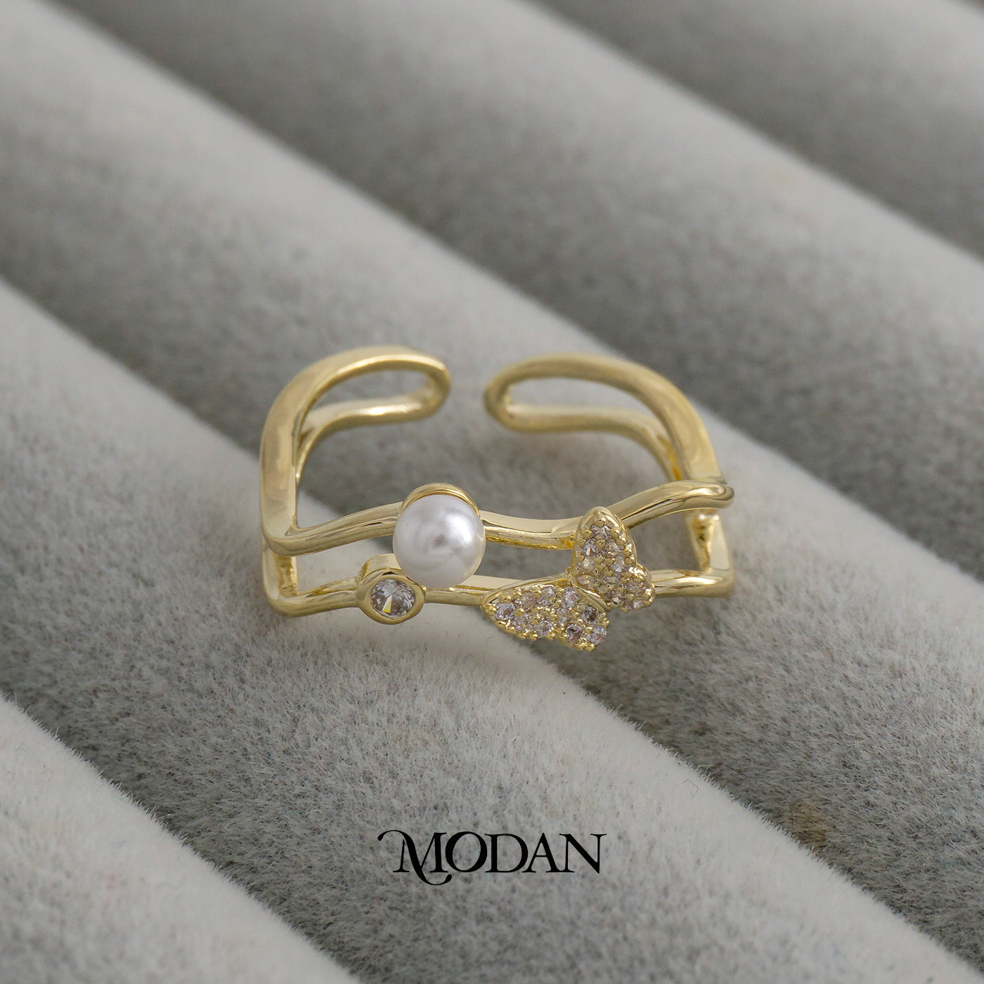 Butterfly Pearl Double Layer Ring Cincin Kupu-Kupu Mutiara Adjustable Hypoallergenic Gold Plated