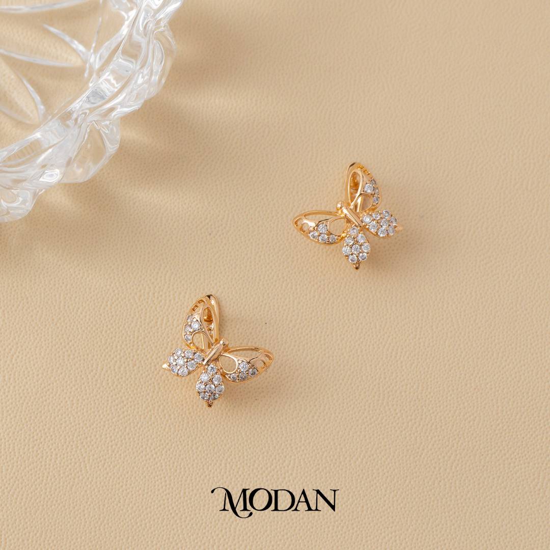 (12mm) Micro Pave Zirconia Butterfly Mariposa Hoop Earrings Anting Elegan Hypoallergenic Gold Plated