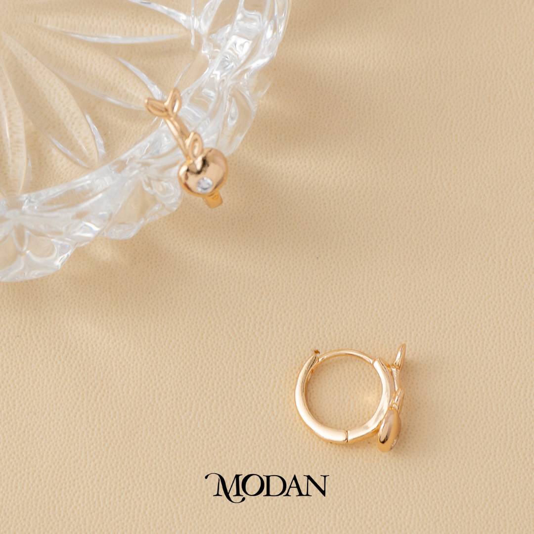 (13mm) Solitaire Zirconia Fishbone Hoop Earrings Anting Elegan Hypoallergenic Gold Plated