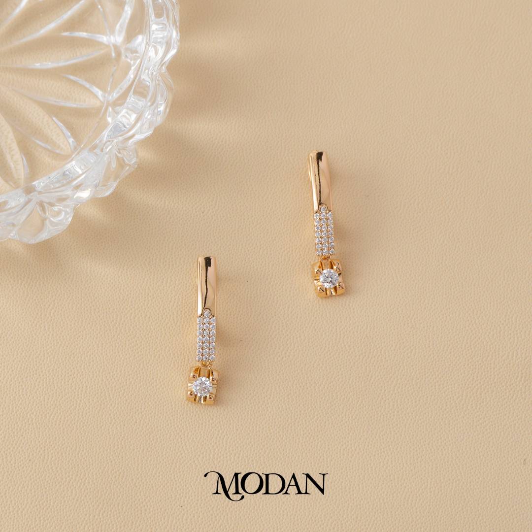 (26mm) Sparkling Solitaire Dangle Rose Gold Hoop Earrings Anting Elegan Hypoallergenic Gold Plated
