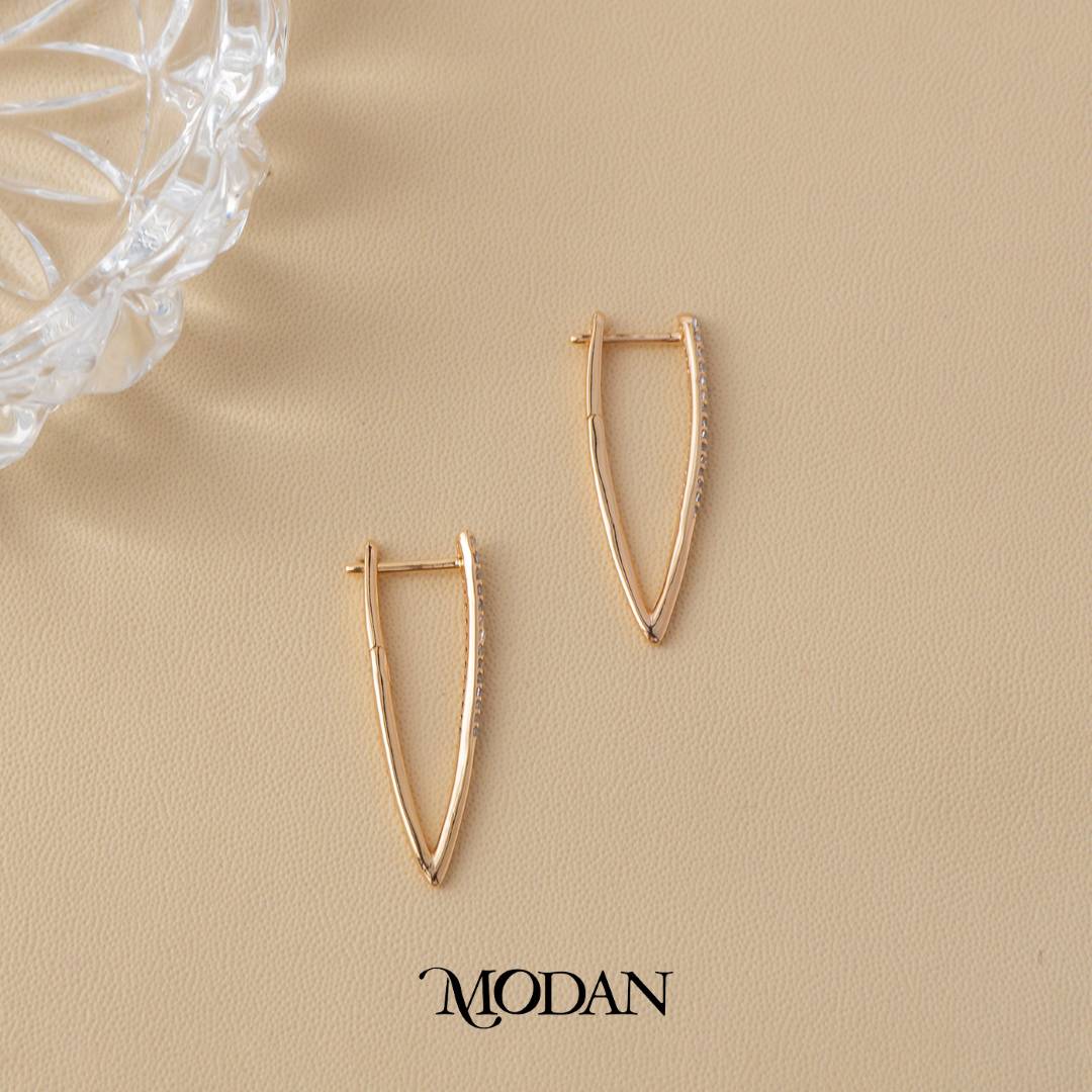 (31mm) Sparkling Thin Bar Statement Rose Gold V Hoop Earrings Anting Elegan Hypoallergenic Gold Plated