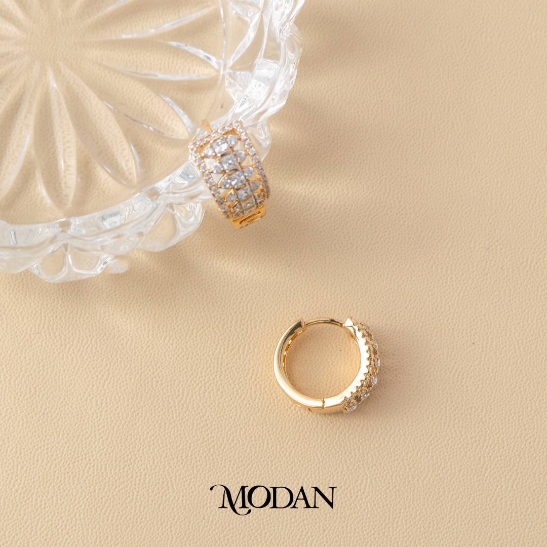 (16mm) Thickness Micro Paved Zirconia Hoop Earrings Anting Bulat Hypoallergenic Gold Plated