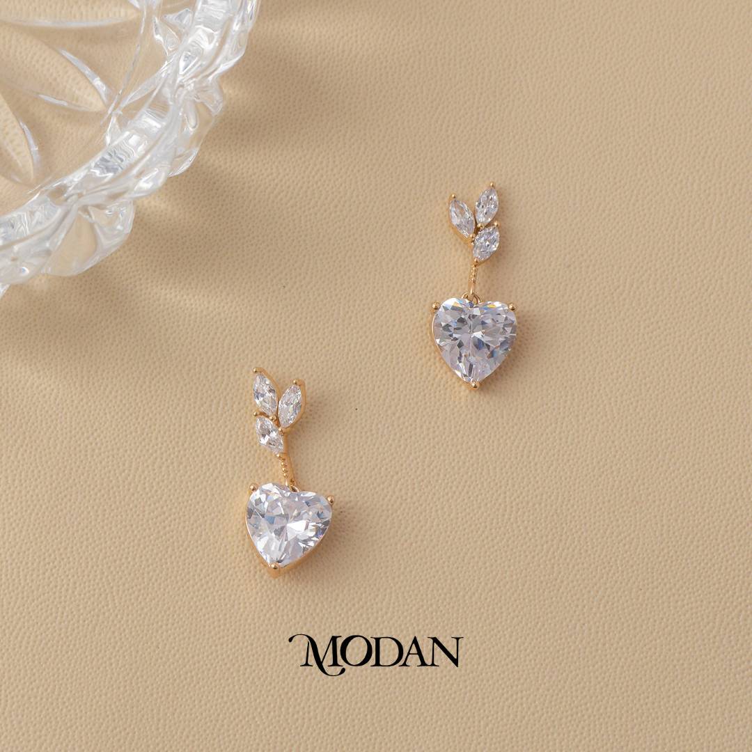 Bridal Sparkling Marquise Leaf Heart Drop Hoop Earrings Anting Gantung Hati Pesta Hypoallergenic Gold Plated